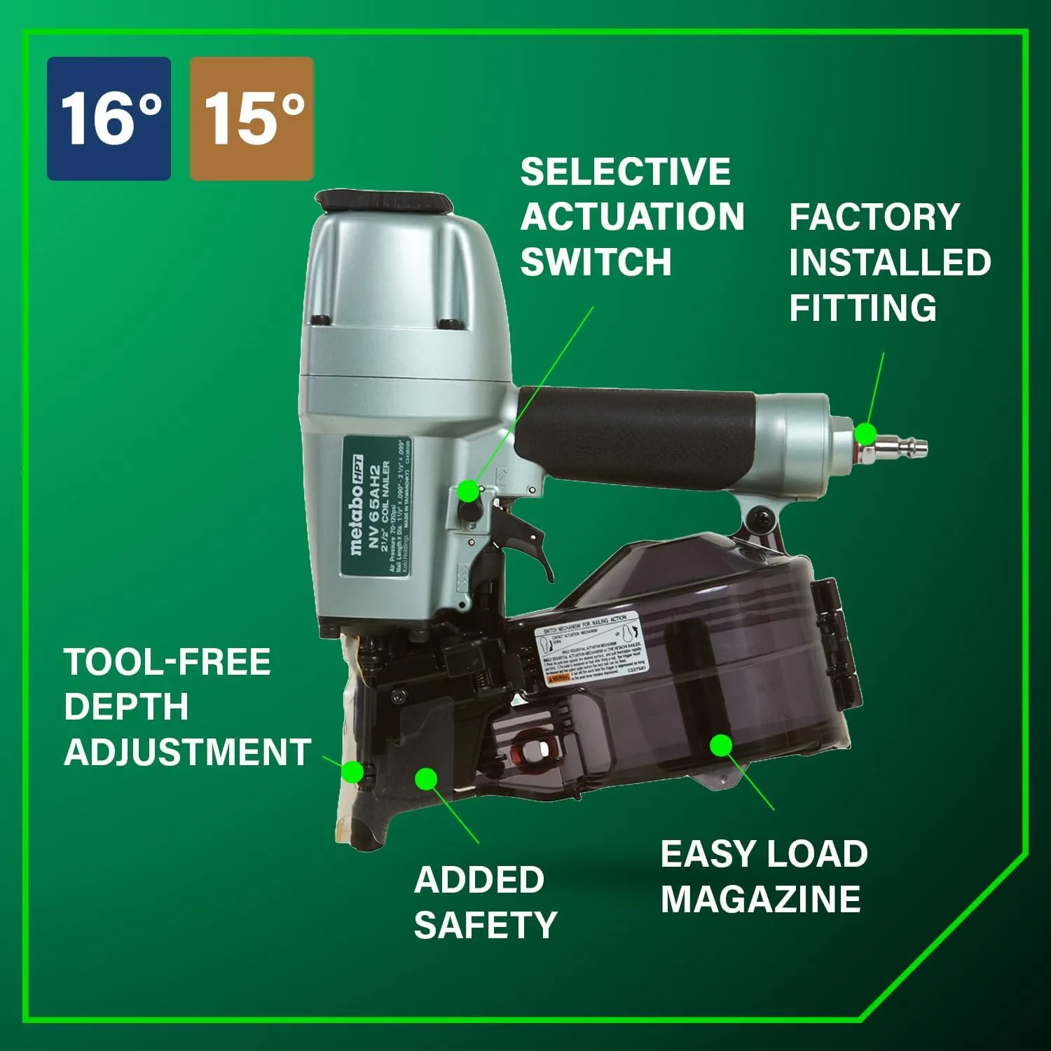 Metabo HPT Coil Siding Nailer, 1-1/2 inch to 2-1/2 inch Siding Nails, Side load, Tilt Bottom Magazine (NV65AH2)