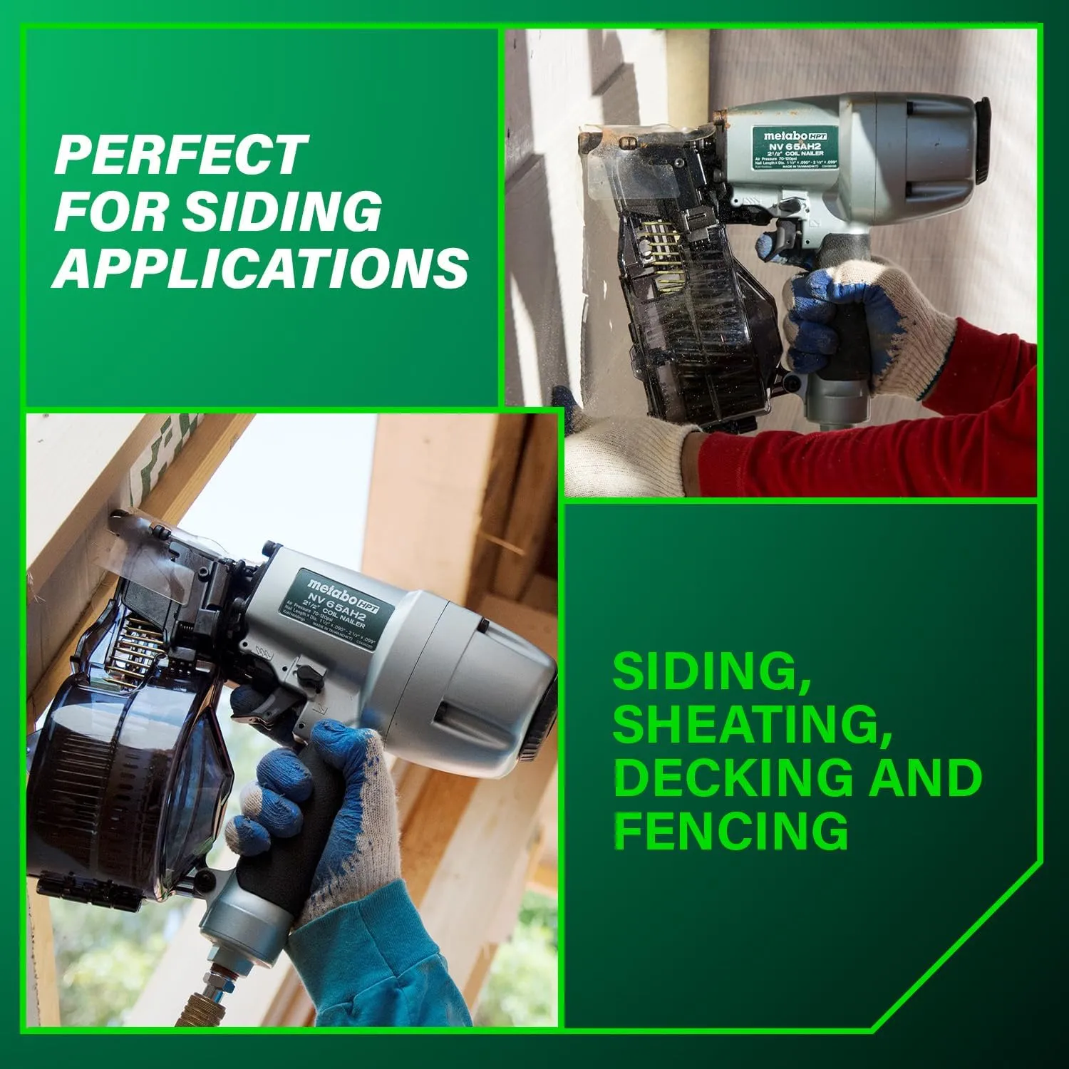 Metabo HPT Coil Siding Nailer, 1-1/2 inch to 2-1/2 inch Siding Nails, Side load, Tilt Bottom Magazine (NV65AH2)