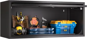 Metal Storage Cabinet, Wall-Mounted Garage Cabinet with Up-Flip Doors, Steel Small Floating Cabinets with Lock for Garage, Bathroom, Kitchen, Black