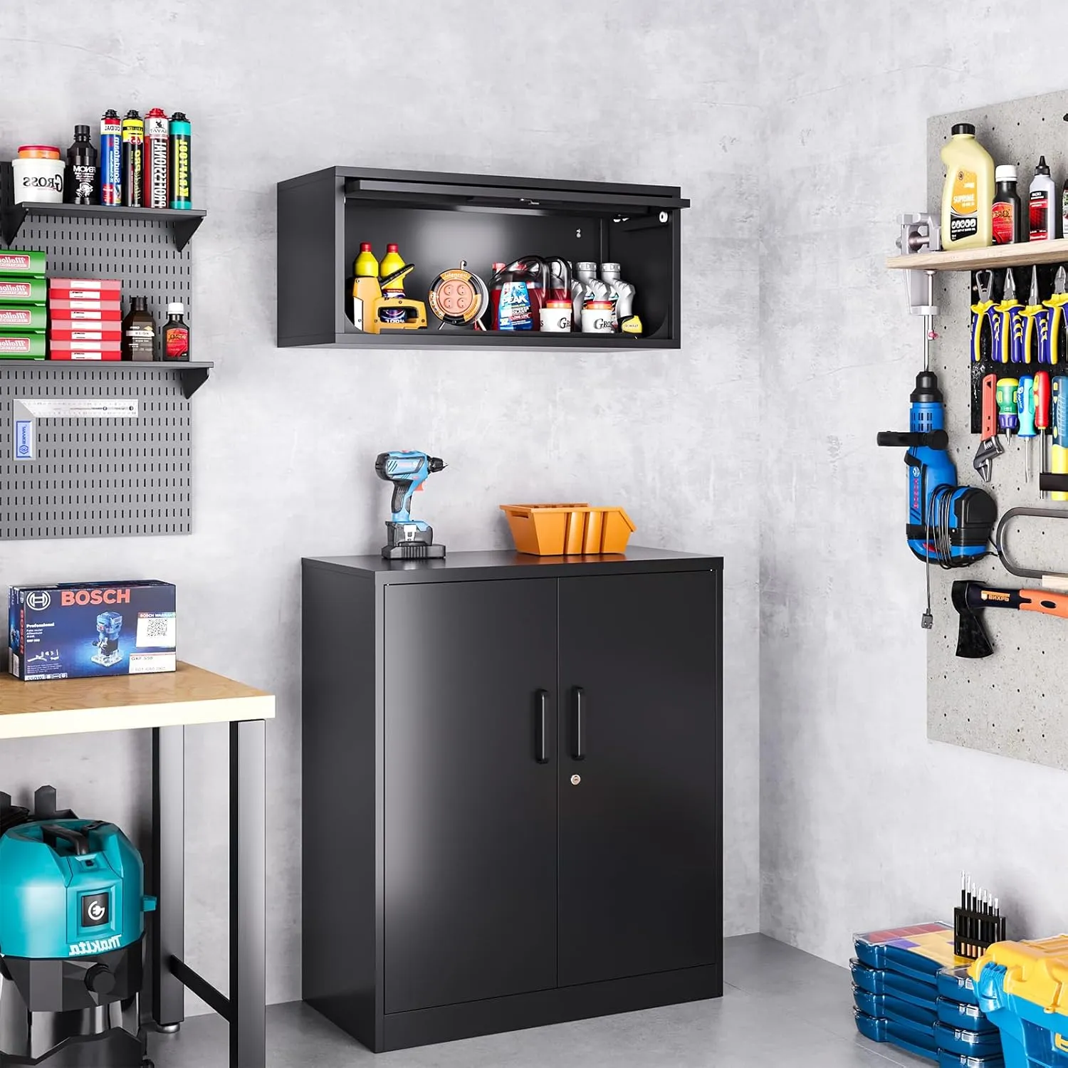Metal Storage Cabinet, Wall-Mounted Garage Cabinet with Up-Flip Doors, Steel Small Floating Cabinets with Lock for Garage, Bathroom, Kitchen, Black