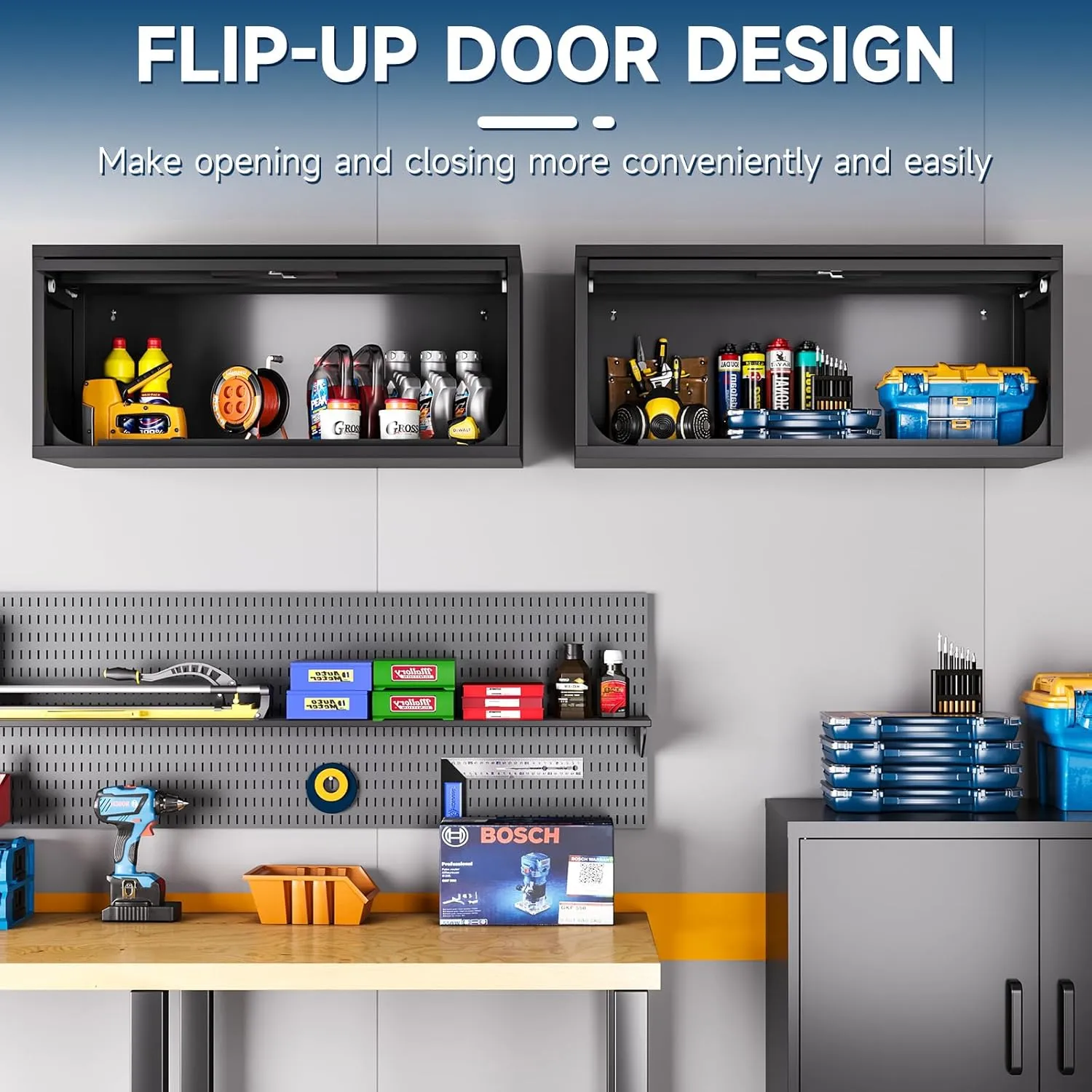 Metal Storage Cabinet, Wall-Mounted Garage Cabinet with Up-Flip Doors, Steel Small Floating Cabinets with Lock for Garage, Bathroom, Kitchen, Black