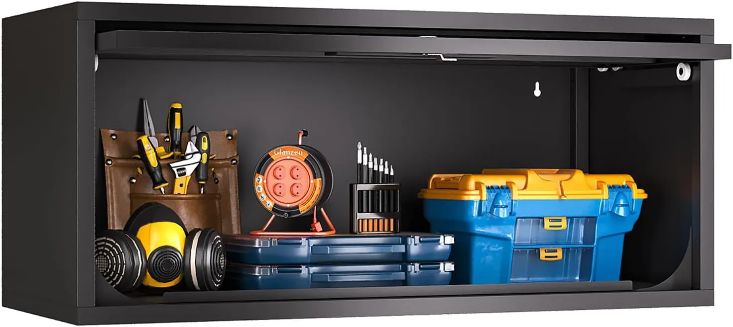 Metal Storage Cabinet, Wall-Mounted Garage Cabinet with Up-Flip Doors, Steel Small Floating Cabinets with Lock for Garage, Bathroom, Kitchen, Black
