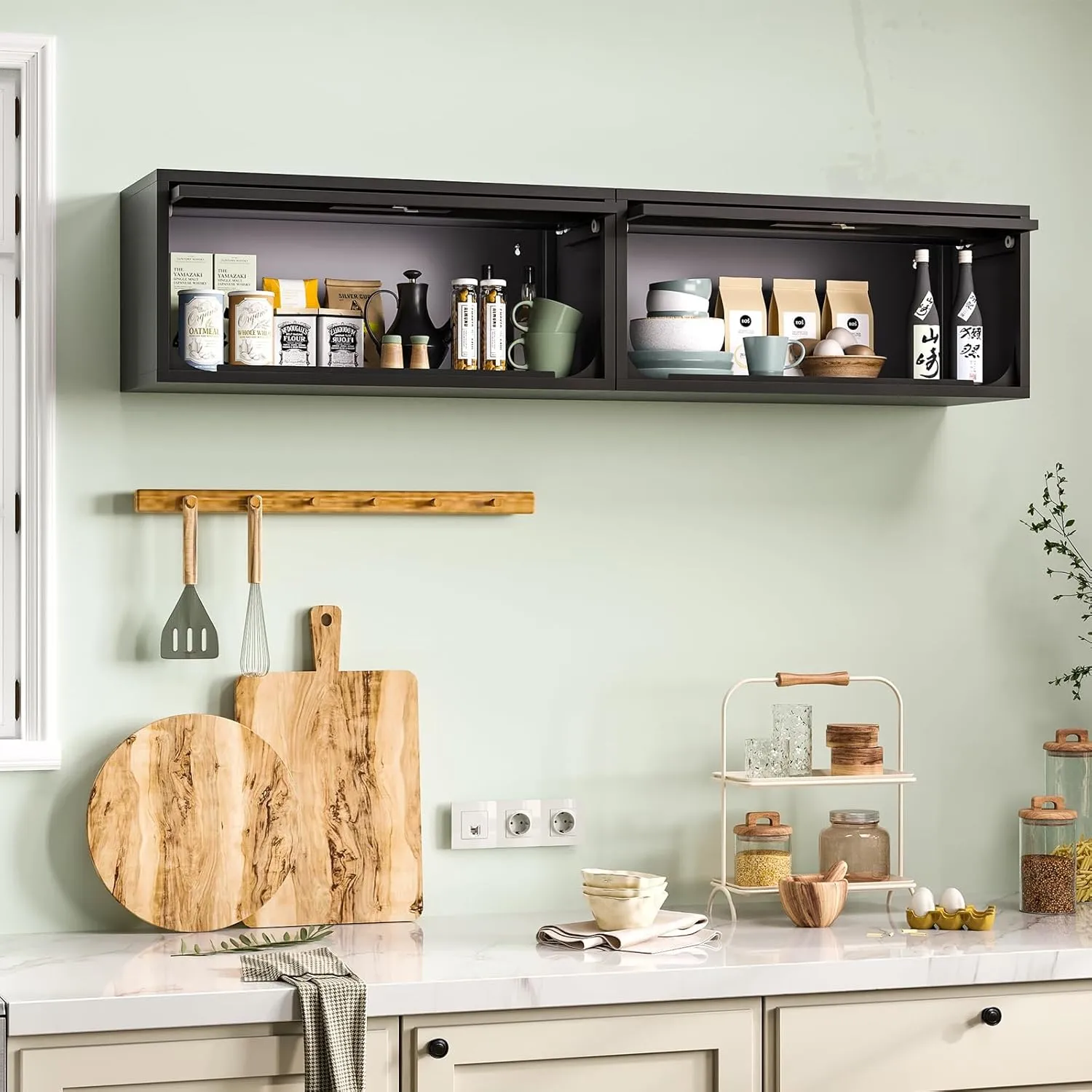 Metal Storage Cabinet, Wall-Mounted Garage Cabinet with Up-Flip Doors, Steel Small Floating Cabinets with Lock for Garage, Bathroom, Kitchen, Black