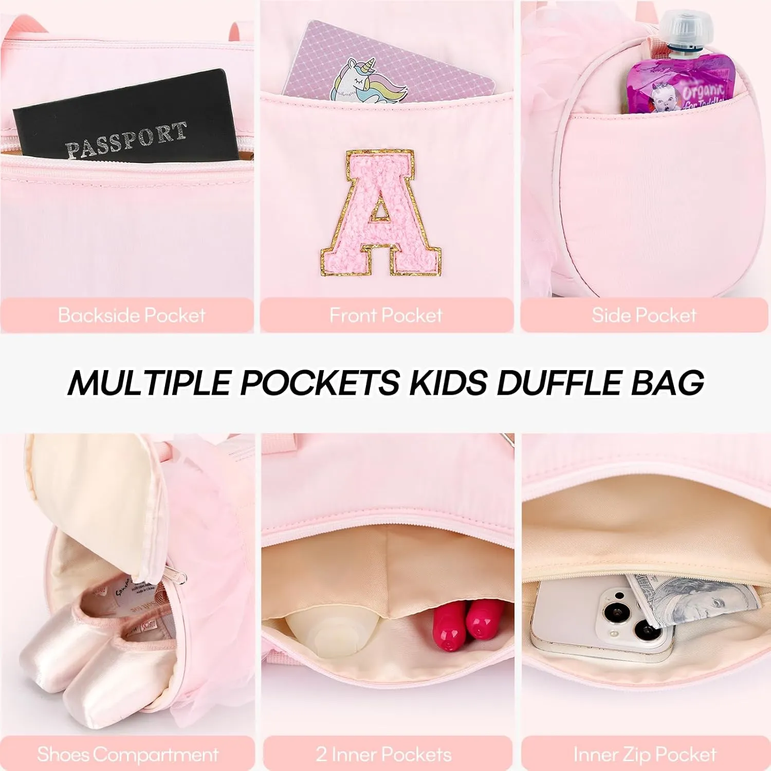 mibasies Dance Bag for Girls 4-6: Kids Duffle Bag - Ballet Bags for Girls 4-6 - Personalized Letter Girls Gifts Pink M