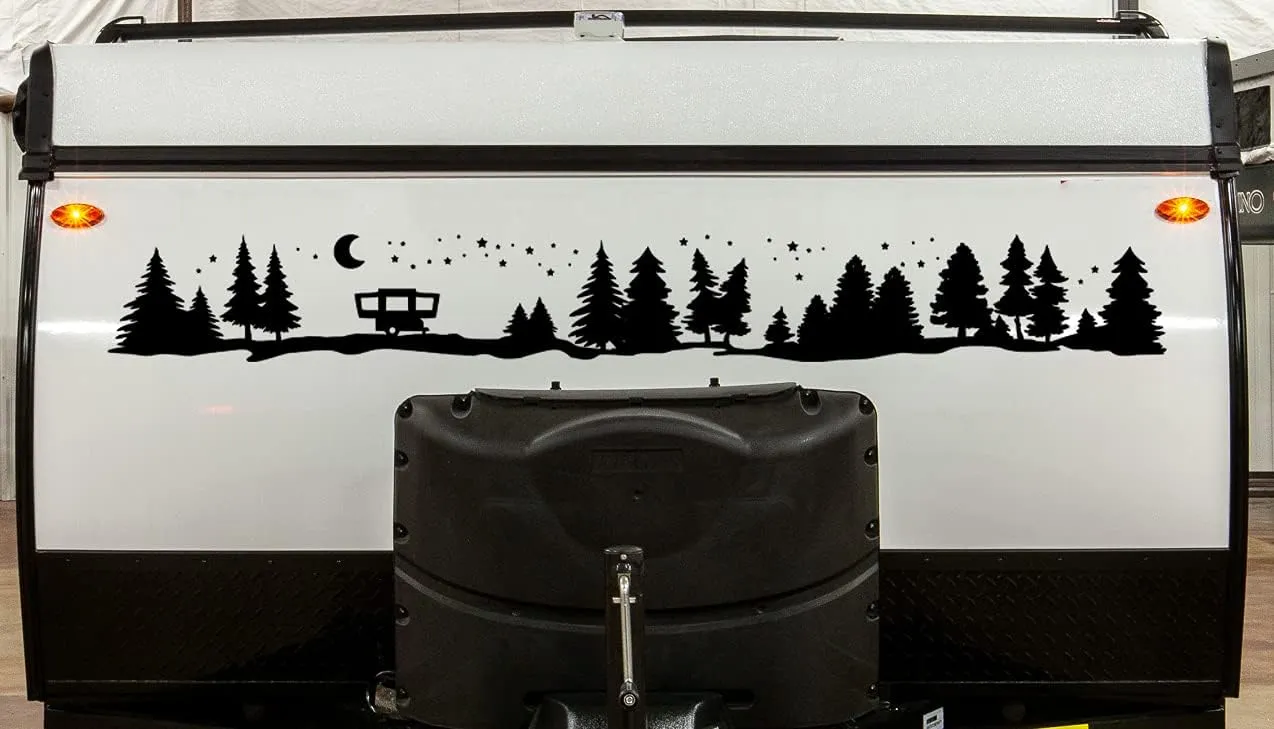 Minglewood Trading Pop-Up Camper Moon Stars Vinyl Decal V2 - Trees Forest Graphics - Die Cut Sticker
