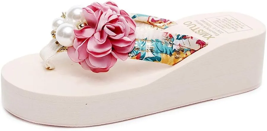 MIOKE Women's Wedge Flip Flops Sandals Bohemian Floral Anti-Slip Comfy Platform Summer Beach Thong Sandal