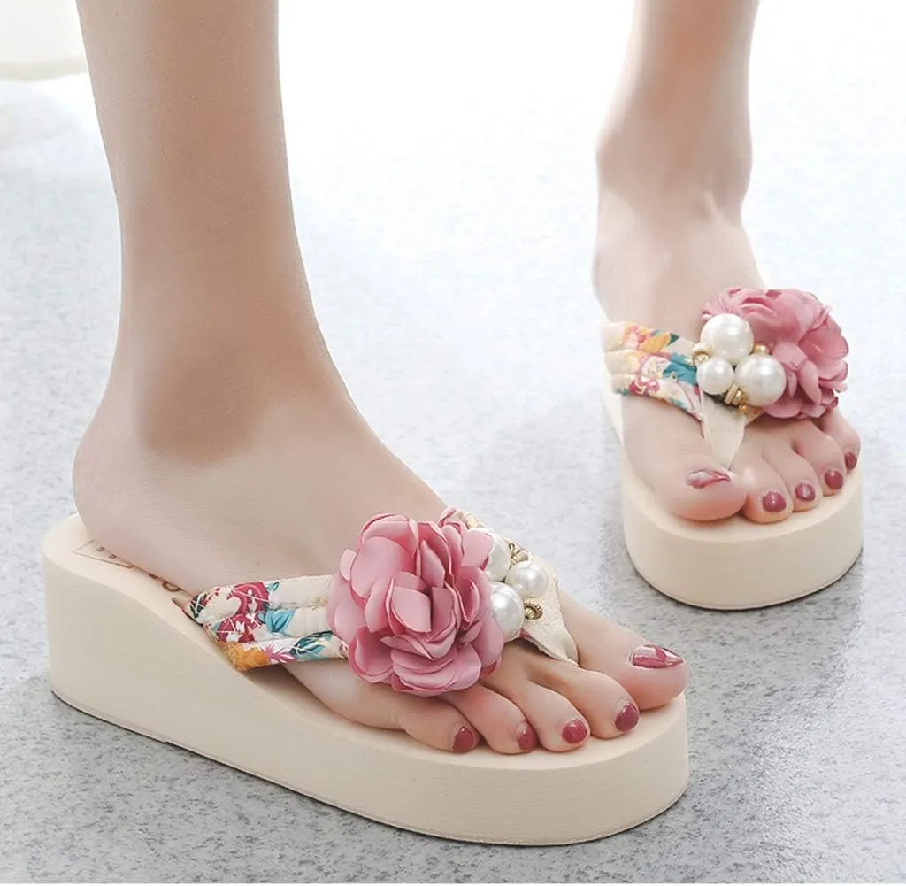 MIOKE Women's Wedge Flip Flops Sandals Bohemian Floral Anti-Slip Comfy Platform Summer Beach Thong Sandal