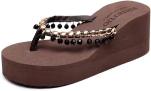 MIOKE Women's Wedge High Heel Fringe Flipflops Summer Platform Comfort Nonslip Tassel Beach Thong Sandals