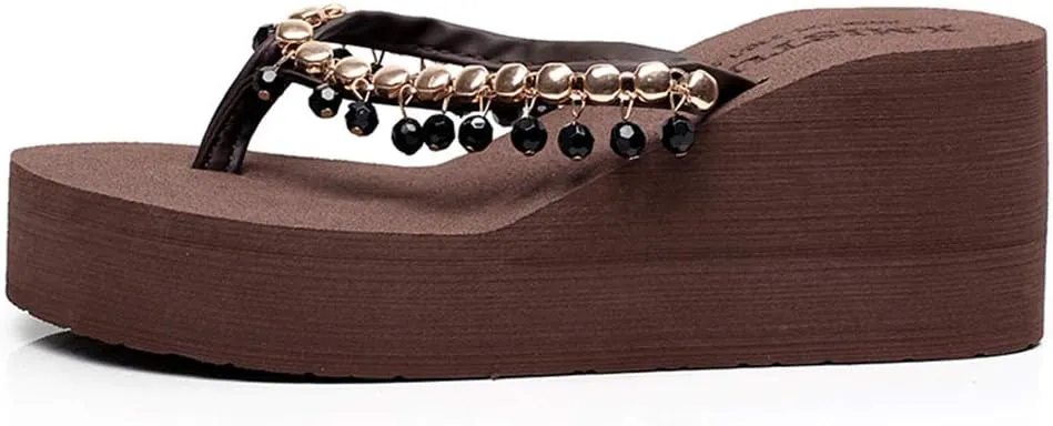 MIOKE Women's Wedge High Heel Fringe Flipflops Summer Platform Comfort Nonslip Tassel Beach Thong Sandals