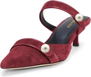 miss left Women Pointed Toe Slip on Pearl Mules Kitten Low Heel Soft Insole Comfortable Summer Leisure Slide Sandals Size 4-16 US
