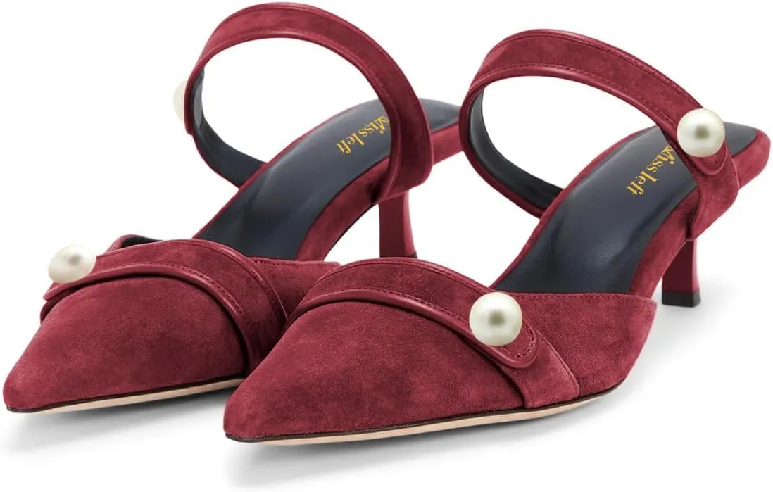 miss left Women Pointed Toe Slip on Pearl Mules Kitten Low Heel Soft Insole Comfortable Summer Leisure Slide Sandals Size 4-16 US