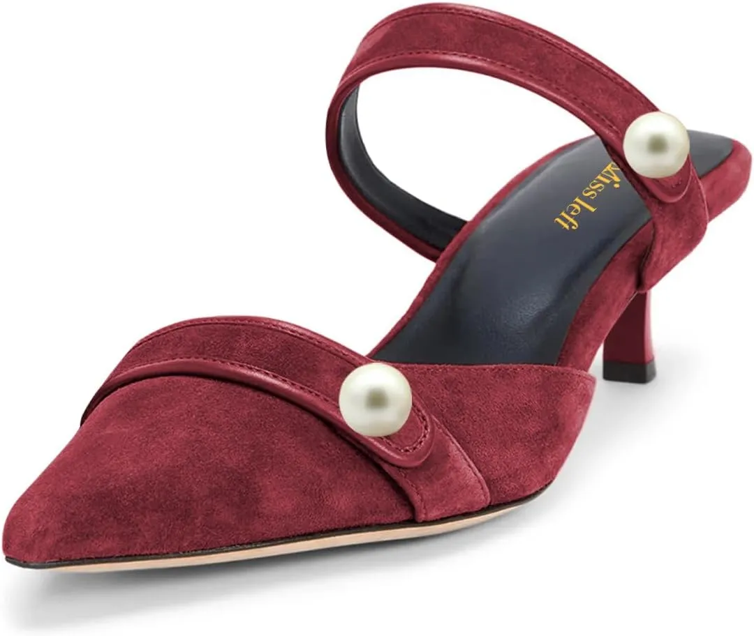 miss left Women Pointed Toe Slip on Pearl Mules Kitten Low Heel Soft Insole Comfortable Summer Leisure Slide Sandals Size 4-16 US
