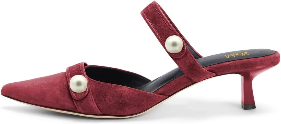 miss left Women Pointed Toe Slip on Pearl Mules Kitten Low Heel Soft Insole Comfortable Summer Leisure Slide Sandals Size 4-16 US