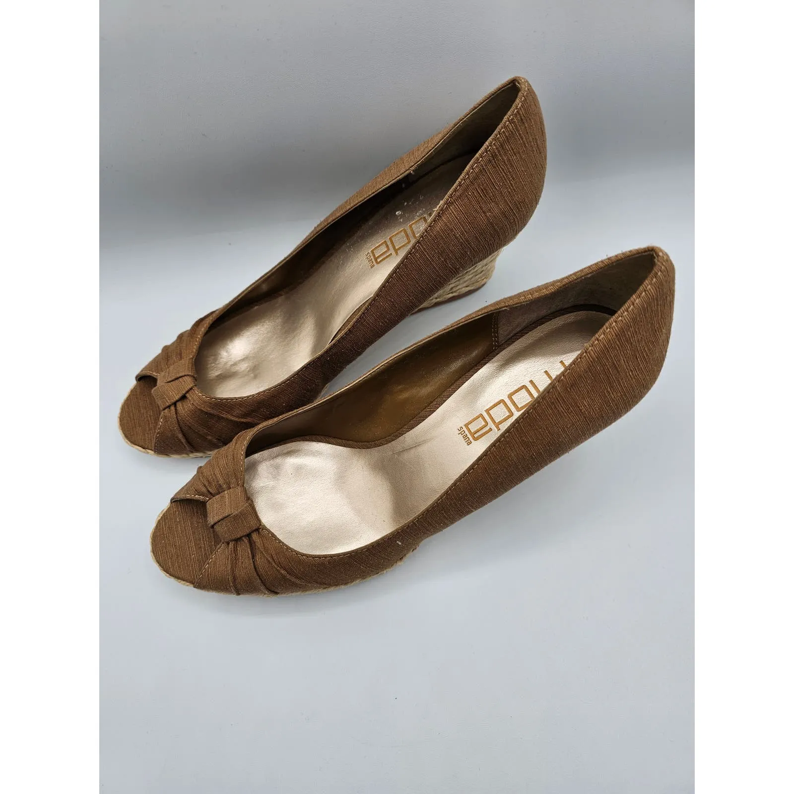 Moda Spana Womens Sz 8.5 Peep Toe Wedge Heels Espadrille Brown Bow
