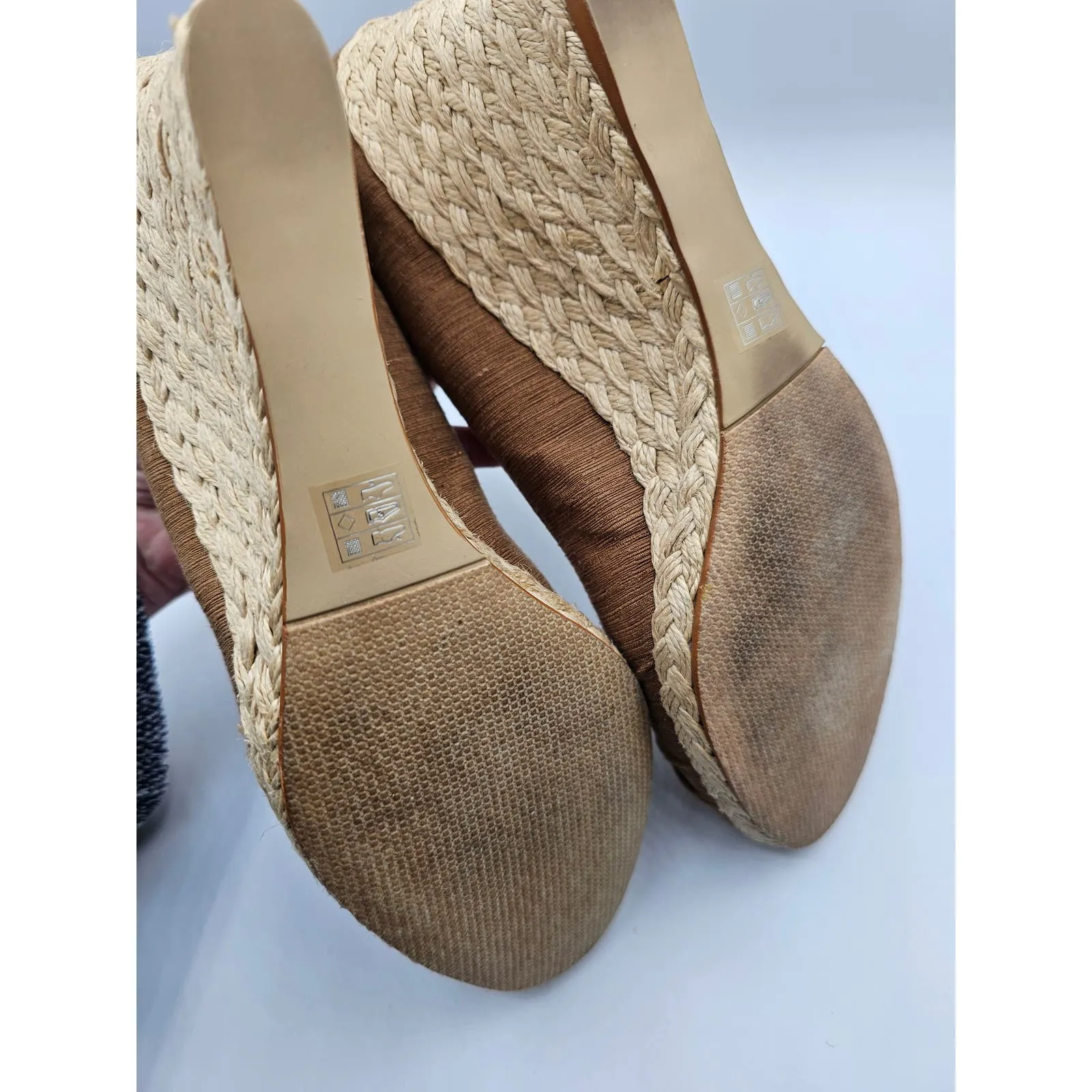 Moda Spana Womens Sz 8.5 Peep Toe Wedge Heels Espadrille Brown Bow