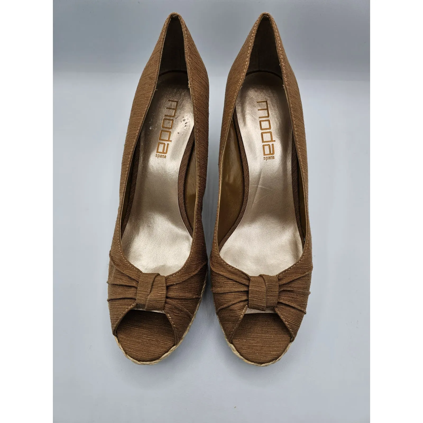 Moda Spana Womens Sz 8.5 Peep Toe Wedge Heels Espadrille Brown Bow