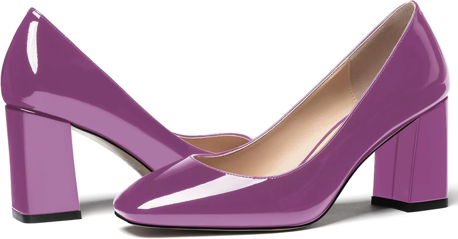 MODENCOCO Women's Thick Square Toe Patent Slip On Solid Block High Heel Pumps Shoes 3 Inch