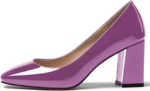 MODENCOCO Women's Thick Square Toe Patent Slip On Solid Block High Heel Pumps Shoes 3 Inch