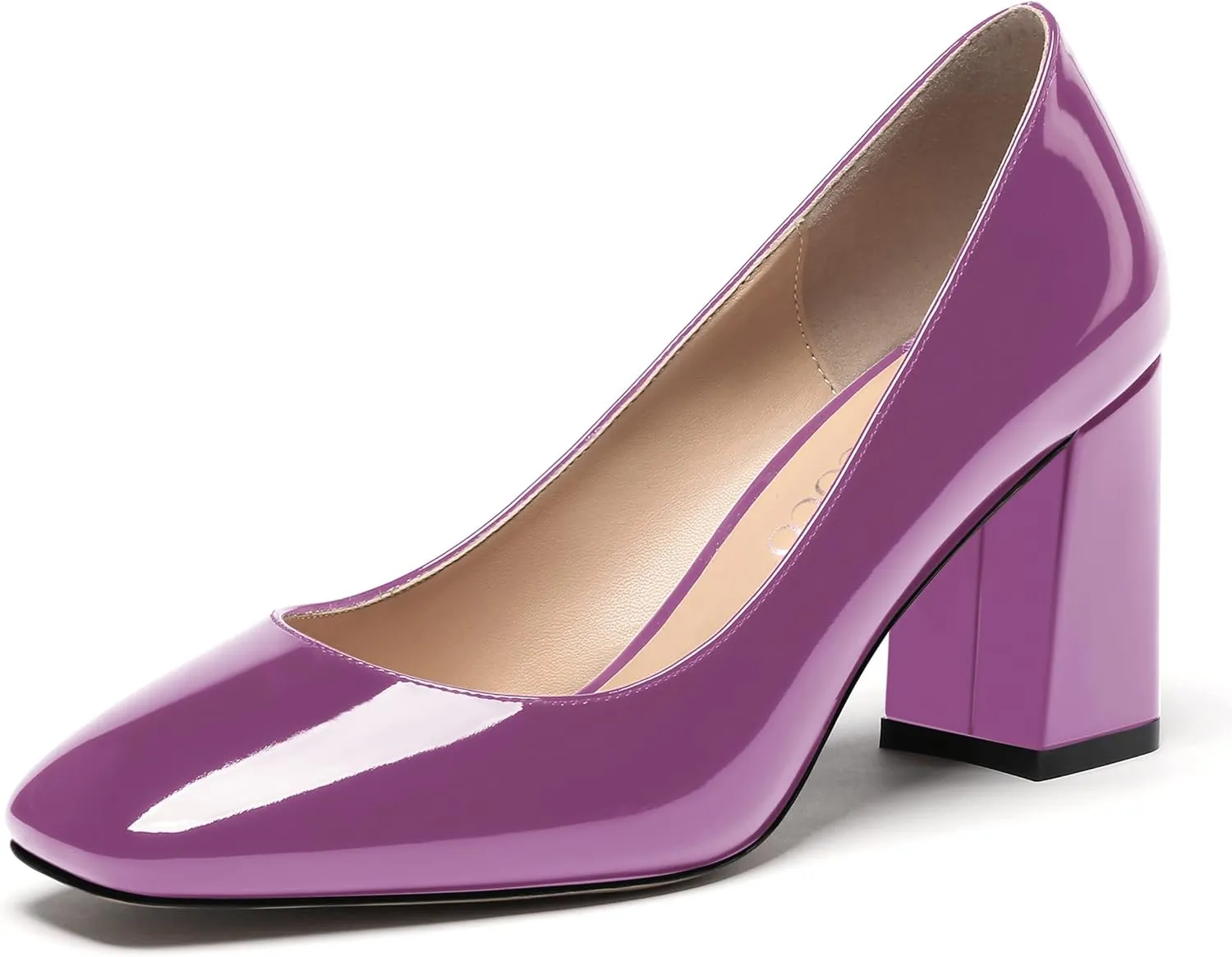 MODENCOCO Women's Thick Square Toe Patent Slip On Solid Block High Heel Pumps Shoes 3 Inch