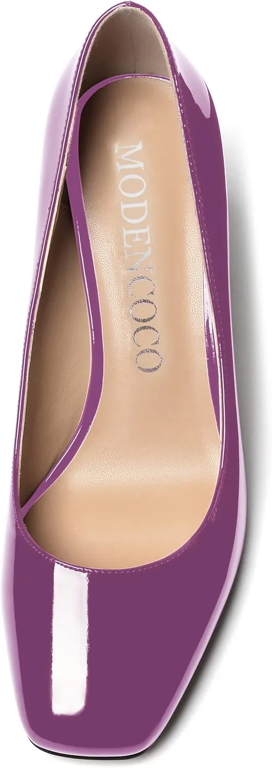 MODENCOCO Women's Thick Square Toe Patent Slip On Solid Block High Heel Pumps Shoes 3 Inch