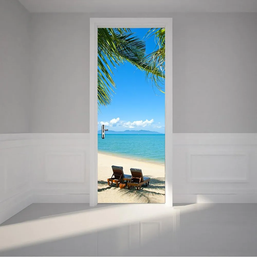 Modern Art Beach 3D Door Sticker, Peel and Stick Vinyl Door Mural Mural Decals for Home Decor, 30.3x78.7(77x200cm), 2 Pcs Set