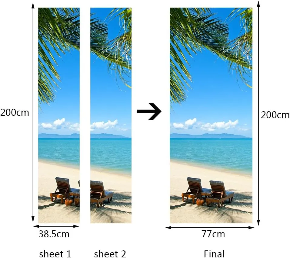Modern Art Beach 3D Door Sticker, Peel and Stick Vinyl Door Mural Mural Decals for Home Decor, 30.3x78.7(77x200cm), 2 Pcs Set