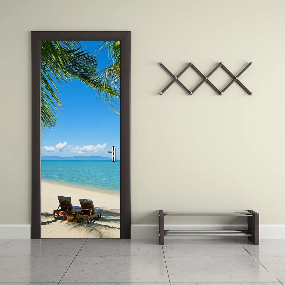 Modern Art Beach 3D Door Sticker, Peel and Stick Vinyl Door Mural Mural Decals for Home Decor, 30.3x78.7(77x200cm), 2 Pcs Set