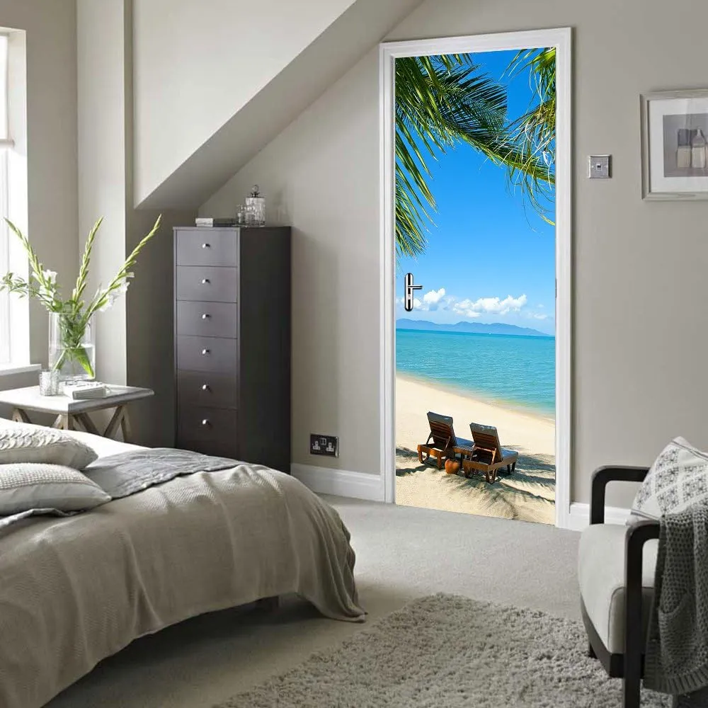 Modern Art Beach 3D Door Sticker, Peel and Stick Vinyl Door Mural Mural Decals for Home Decor, 30.3x78.7(77x200cm), 2 Pcs Set