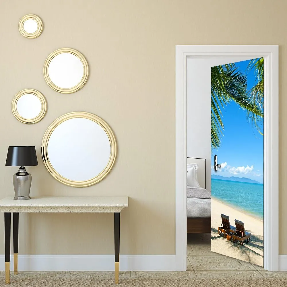 Modern Art Beach 3D Door Sticker, Peel and Stick Vinyl Door Mural Mural Decals for Home Decor, 30.3x78.7(77x200cm), 2 Pcs Set