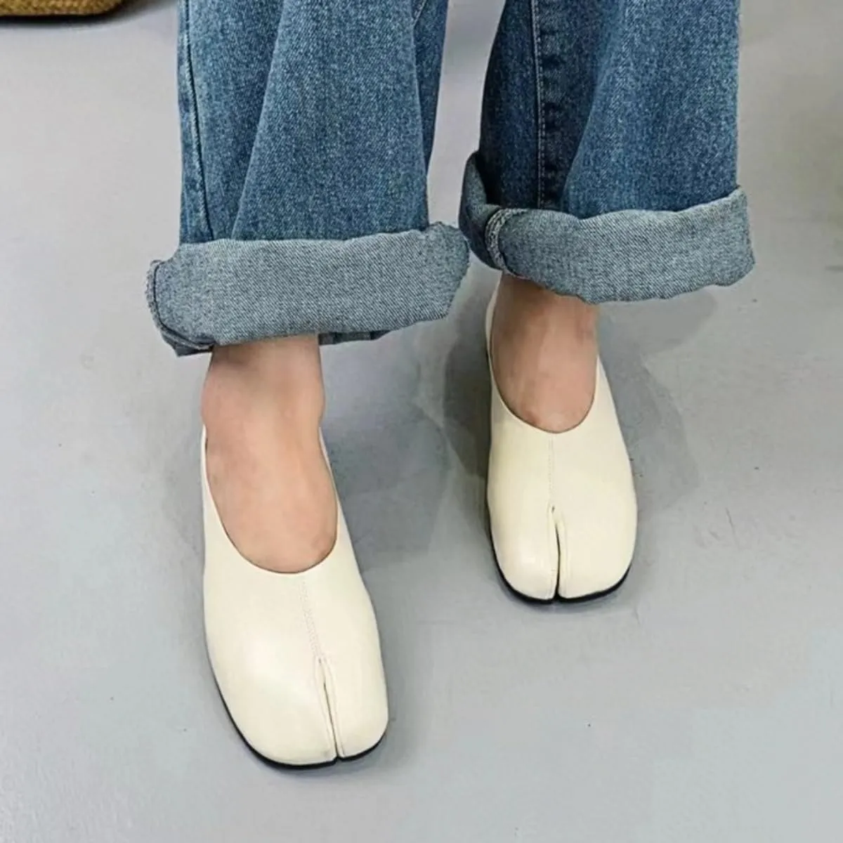 Modern Style Slip-on Tabi Ballet Flats Shoes for Women Genuine Leather Mary Jane Flat Closed Split-Toe Low-Cut Comfort Office Work