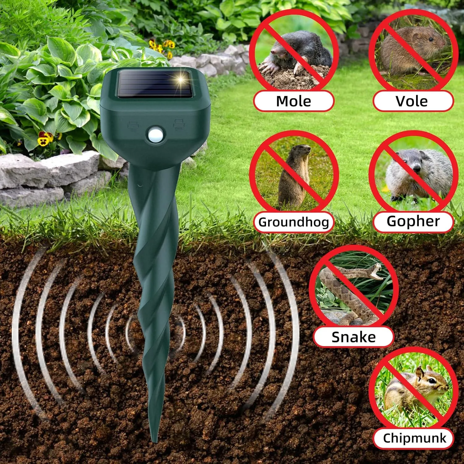 Mole Repellent Solar Powered, 4 Pack Waterproof Ultrasonic Deterrent Stake, Sonic Spikes Get Rid for Snake, Groundhog, Gopher, Vole, Deer, Repellent for Lawns Garden & Yard