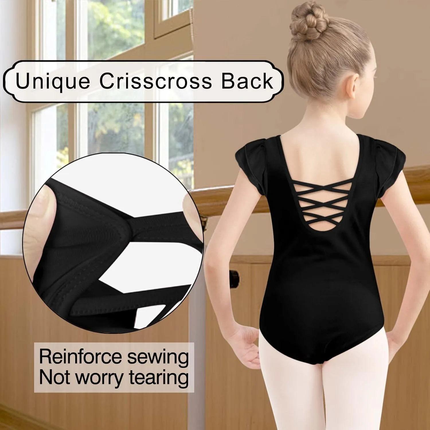MOLLDAN Girls Dance Ballet Leotards Short Sleeve Criss Cross Straps Back