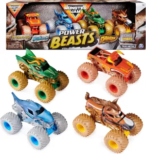 Monster Jam, Power Beasts 4-Pack Monster Trucks (El Toro Loco, Megalodon, Dragon and Horse Power), 1:64 Scale, Kids Toys for Boy & Girls Ages 3 and up
