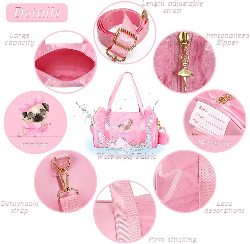 Moonmo Cute Ballet Dance Bag,Tutu Dress Bag, Waterproof Lightweight Dancing Animals Pink Dance Bag for Girls(Pink Dog)