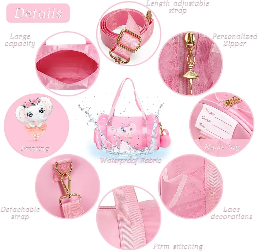 Moonmo Cute Ballet Dance Bag,Tutu Dress Bag, Waterproof Lightweight Dancing Animals Pink Dance Bag for Girls(Pink Elephant)