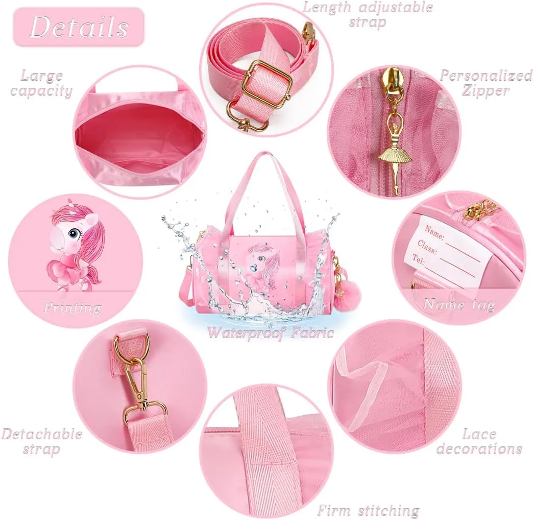 Moonmo Cute Ballet Dance Bag,Tutu Dress Bag, Waterproof Lightweight Dancing Animals Pink Dance Bag for Girls(Pink Unicorn)