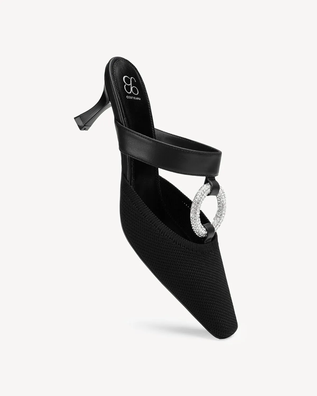 Mousse FIT Women's Knitted Square Toe Mules - Breathable High Heel Slides with Chain Strap Design