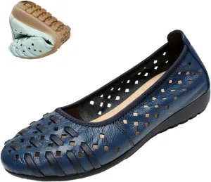 MOYOWEI Women's Summer Comfort Woven Leather Flats,Pointed Closed Toe Hollow Non-slip Soft Sole Slip-on Walking Casual Shoes