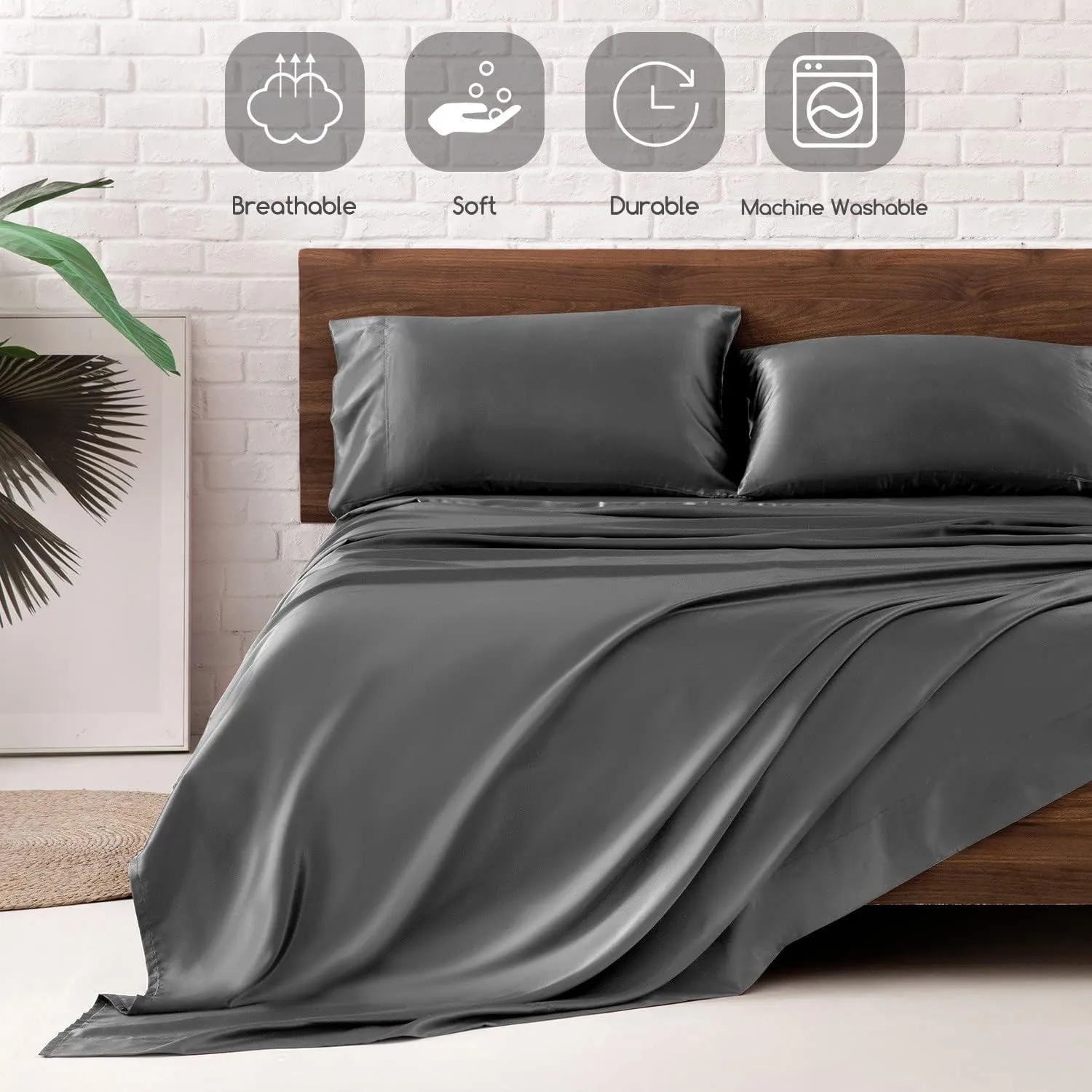 MR&HM Satin Bed Sheets, Queen Size Sheets Set, 4 Pcs Silky Bedding Set with 15 Inches Deep Pocket for Mattress (Queen, Dark Grey)