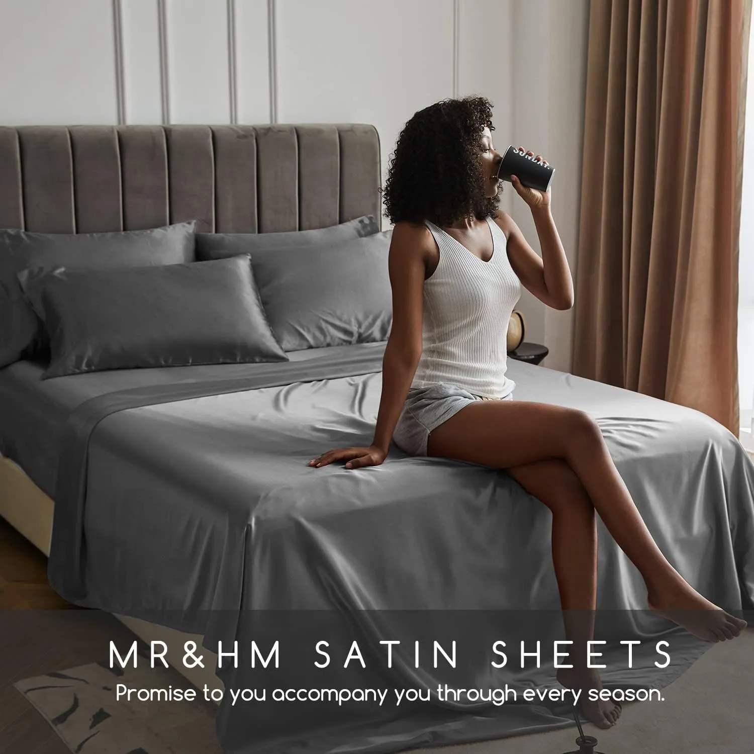 MR&HM Satin Bed Sheets, Queen Size Sheets Set, 4 Pcs Silky Bedding Set with 15 Inches Deep Pocket for Mattress (Queen, Dark Grey)