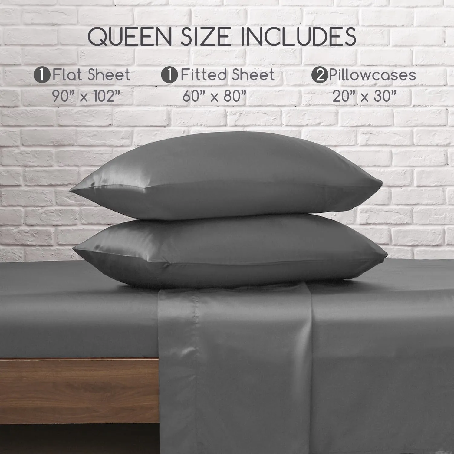 MR&HM Satin Bed Sheets, Queen Size Sheets Set, 4 Pcs Silky Bedding Set with 15 Inches Deep Pocket for Mattress (Queen, Dark Grey)