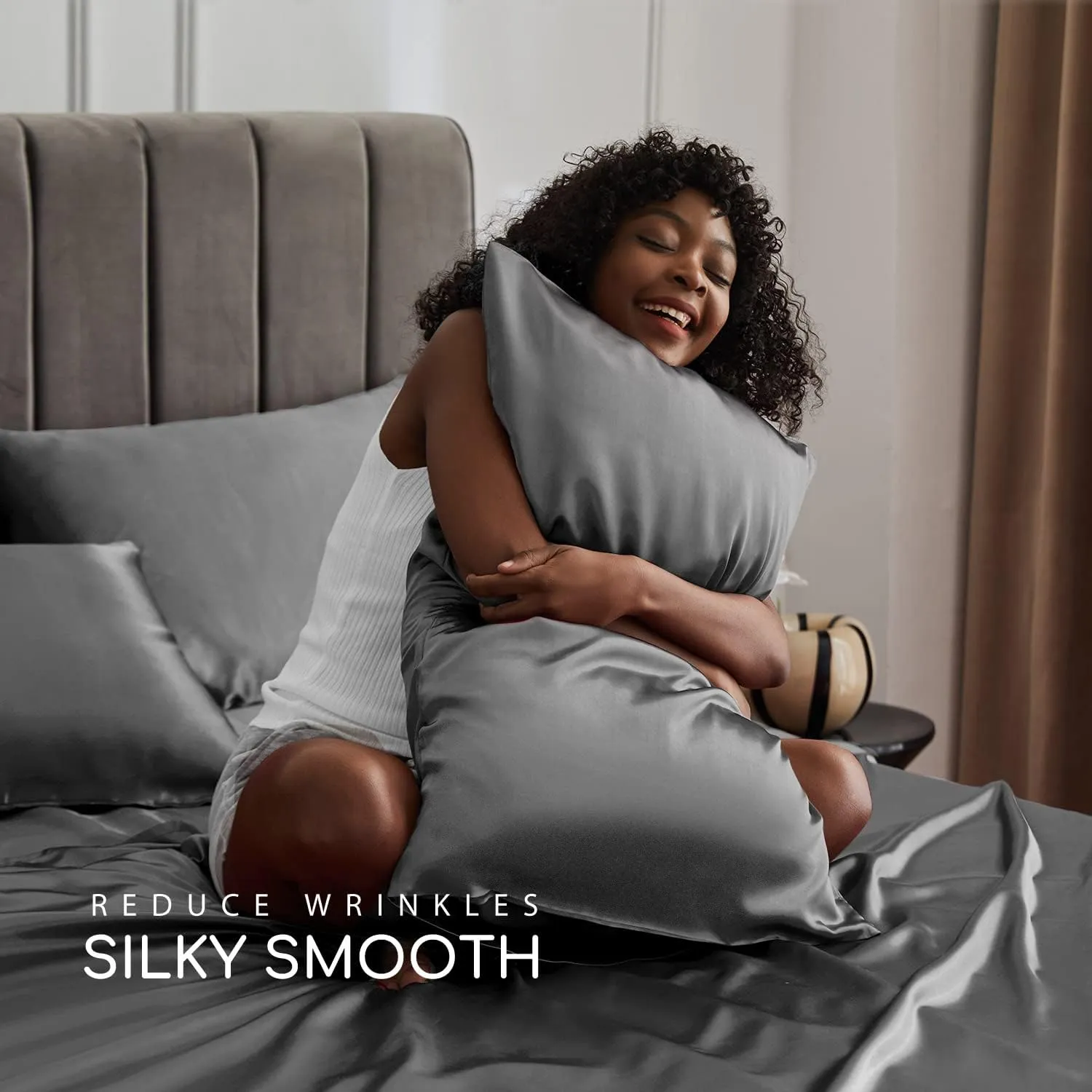 MR&HM Satin Bed Sheets, Queen Size Sheets Set, 4 Pcs Silky Bedding Set with 15 Inches Deep Pocket for Mattress (Queen, Dark Grey)