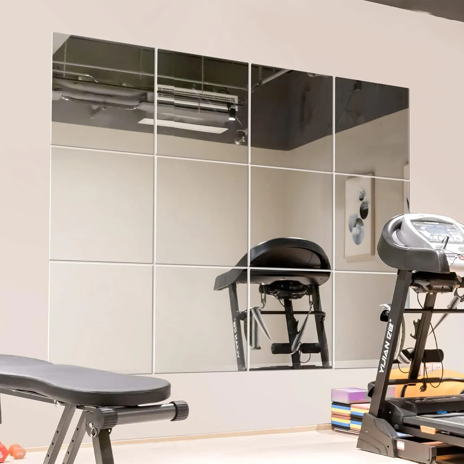 Murrey Home Wall Mirror for Home Gym Mirror, Full Length Mirrors Wall Mounted, Frameless Full Body Mirror Tiles for Wall, Door, Garage, 12" x12PCS