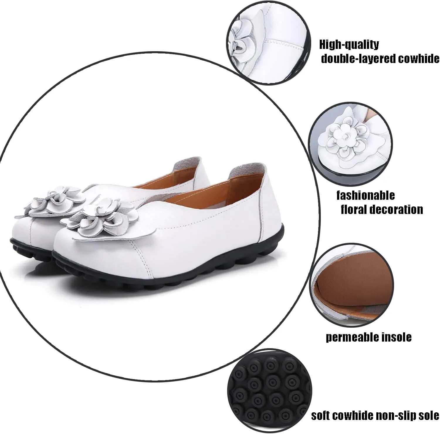 NEKGNL Women's Genuine Leather Flowers Loafers Comfortable Round Toe Soft Bottom Slip On Driving Flats Lightweight Non-Slip Mom Nurse Walking Shoes