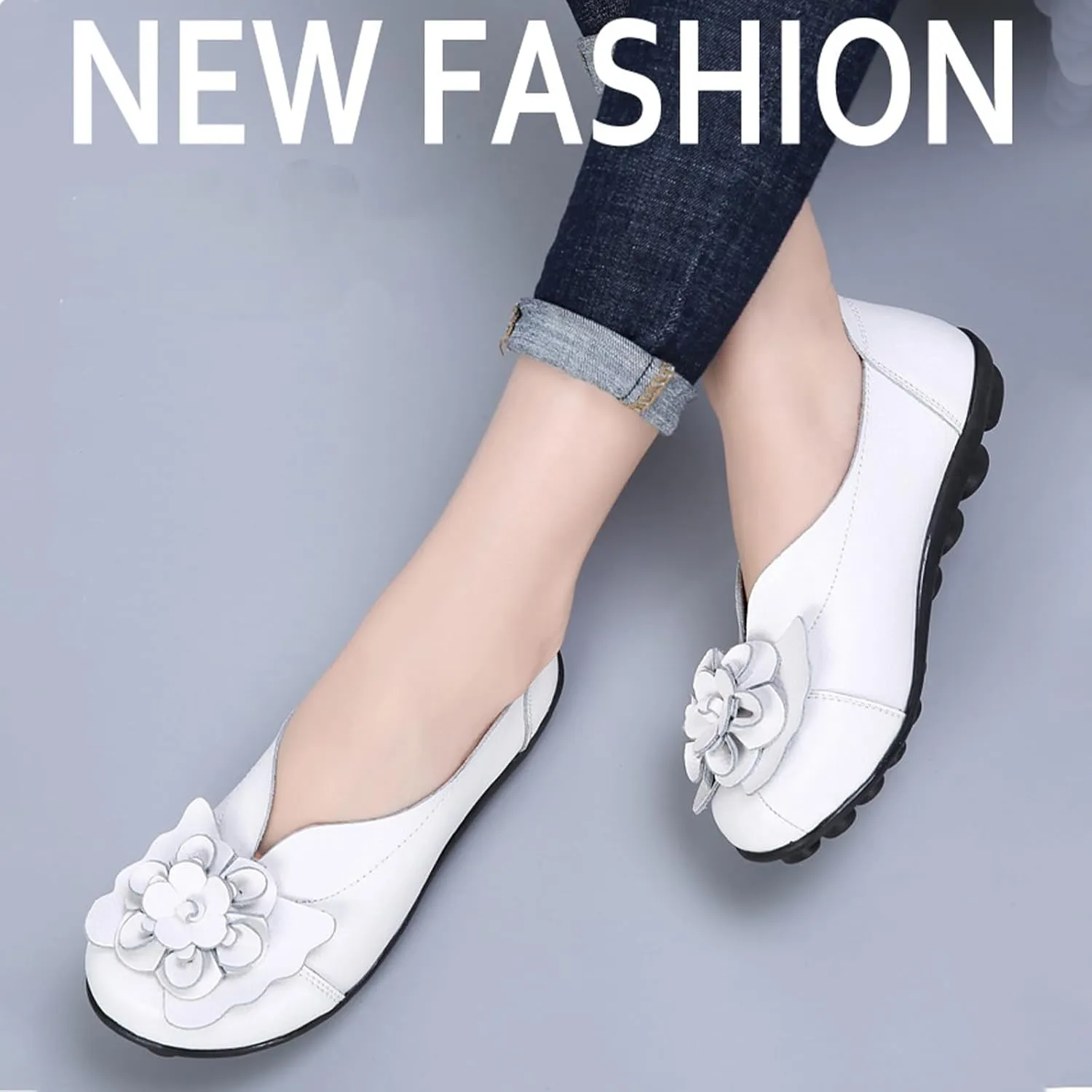 NEKGNL Women's Genuine Leather Flowers Loafers Comfortable Round Toe Soft Bottom Slip On Driving Flats Lightweight Non-Slip Mom Nurse Walking Shoes