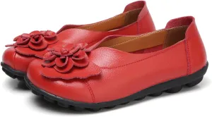 NEKGNL Women's Genuine Leather Flowers Loafers Comfortable Round Toe Soft Bottom Slip On Driving Flats Lightweight Non-Slip Mom Nurse Walking Shoes