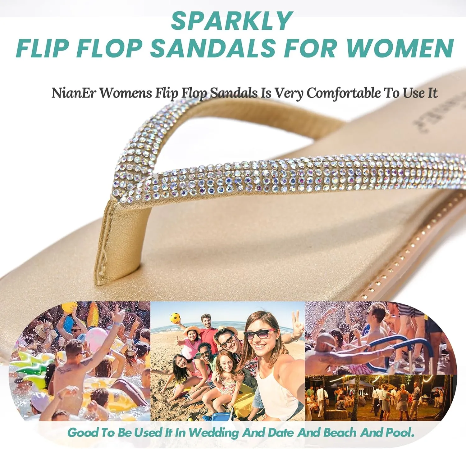 NianEr Womens Microfiber Leather Comfort Foam Rhinestone Glitter Sparkly Dress Flip Flop Sandals Summer Cute Flat Slides