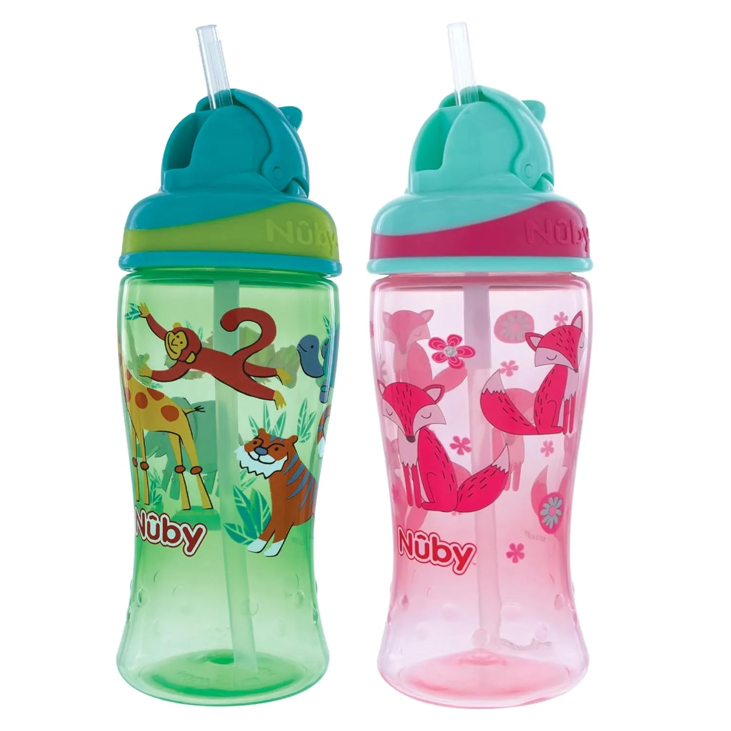 Nuby 2pkThirsty Kids No-Spill Flip-it Printed Boost Cup with Thin Soft Straw - 12oz, 18  Months, 2pack Print May Vary
