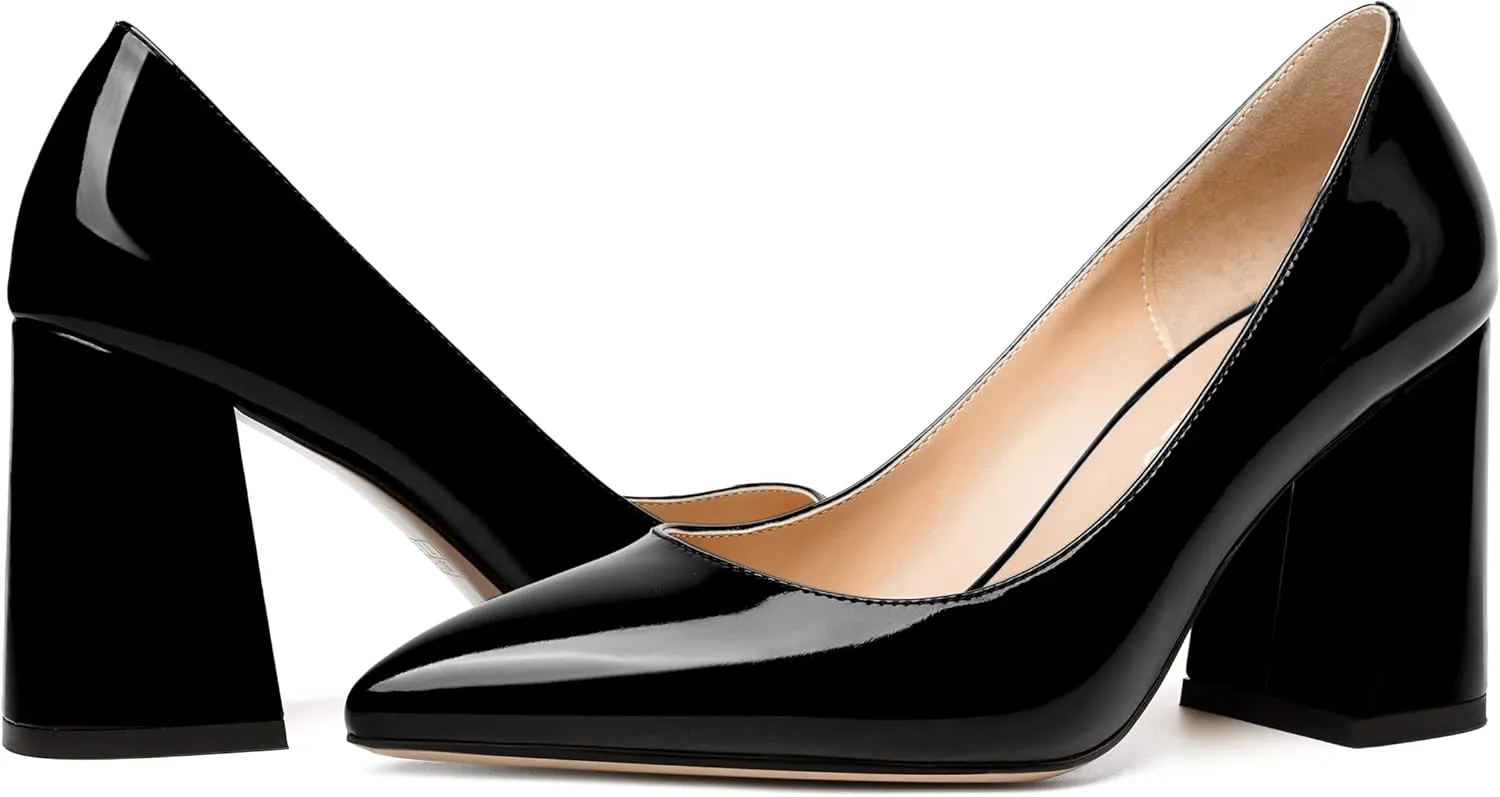 NUMALEO Womens Solid Pointed Toe Casual Dating Patent Slip On Block High Heel Pumps Shoes 3.3 Inch