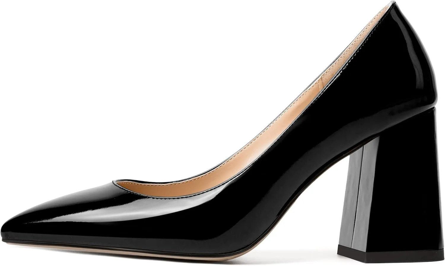NUMALEO Womens Solid Pointed Toe Casual Dating Patent Slip On Block High Heel Pumps Shoes 3.3 Inch